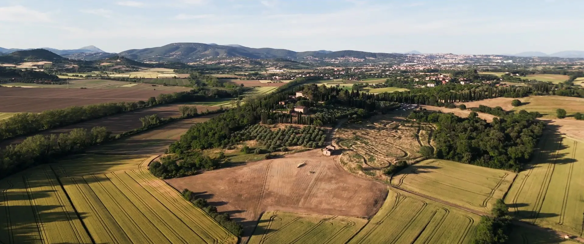 Colline umbre e campi di grano visti dal drone, fotogramma da un film Cinemarry